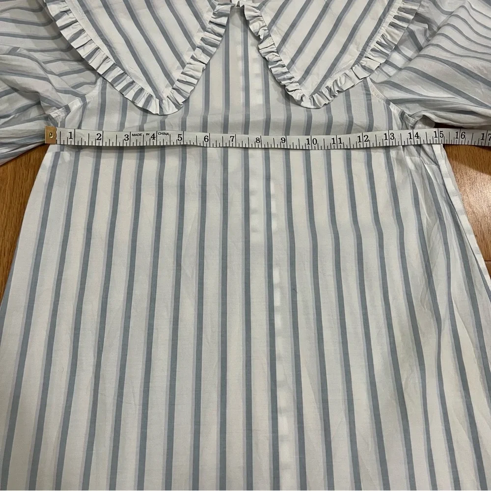 Ganni Blue and White Striped Balloon Sleeve Dress - Picture 11 of 12
